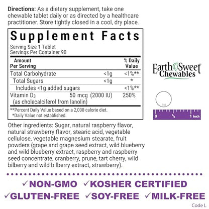 Bluebonnet Nutrition EarthSweet Vitamin D3 2000 IU Raspberry Chewable Tablets – Non-GMO, Gluten-Free, Kosher