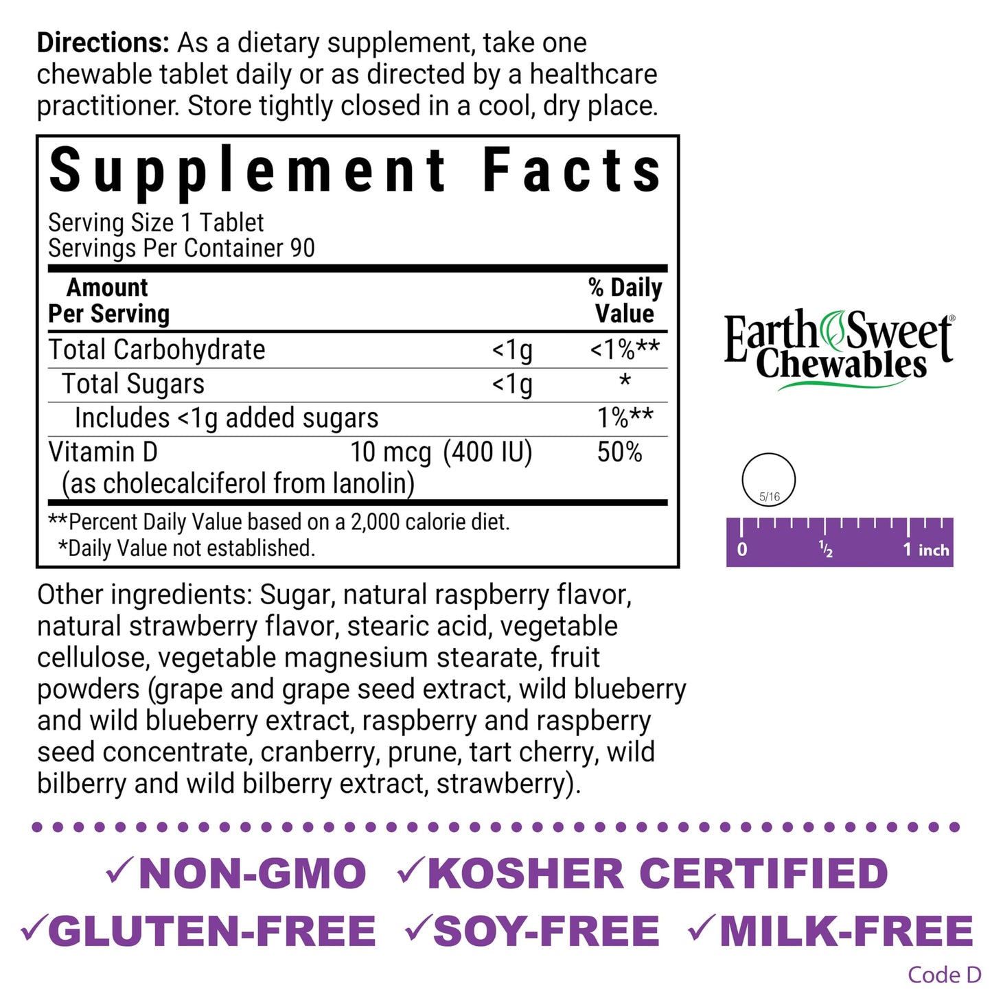 Bluebonnet Nutrition EarthSweet Vitamin D3 400 IU - 90 Chewables | Bone & Immune Support