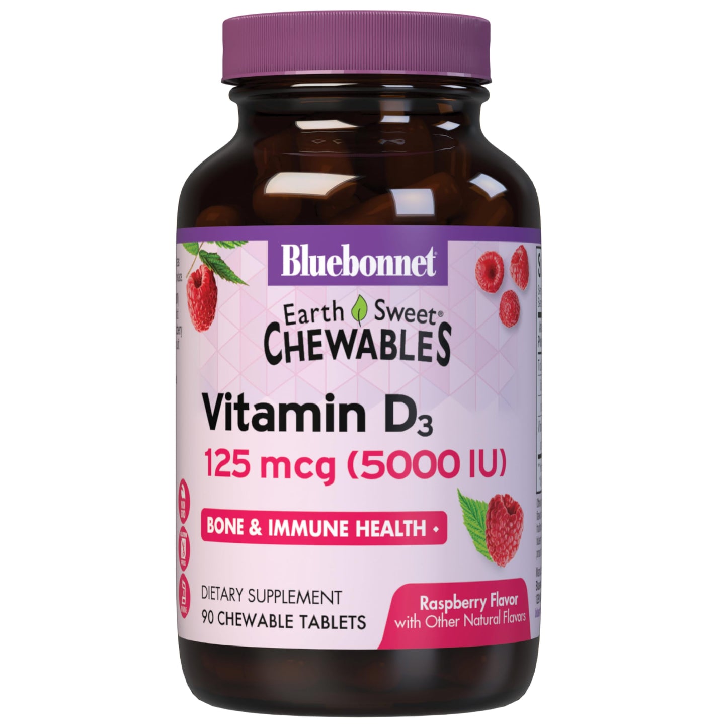Bluebonnet EarthSweet Vitamin D3 5000 IU Raspberry Chewable - Non-GMO, Gluten & Soy Free, 90 Count
