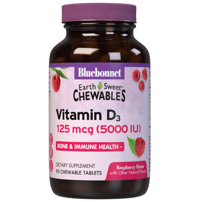 Bluebonnet EarthSweet Vitamin D3 5000 IU Raspberry Chewable - Non-GMO, Gluten & Soy Free, 90 Count
