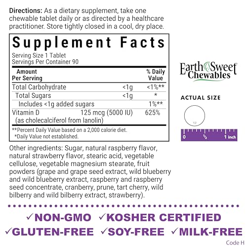Bluebonnet EarthSweet Vitamin D3 5000 IU Raspberry Chewable - Non-GMO, Gluten & Soy Free, 90 Count