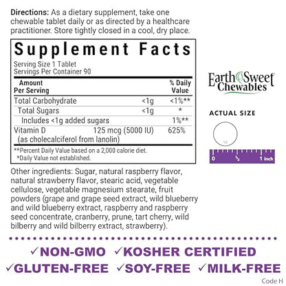 Bluebonnet EarthSweet Vitamin D3 5000 IU Raspberry Chewable - Non-GMO, Gluten & Soy Free, 90 Count