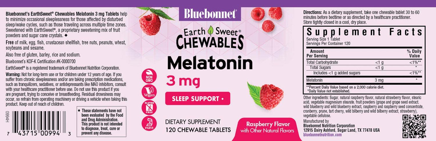 Bluebonnet EarthSweet Melatonin 3 mg Fast-Acting Chewables – Restful Sleep, Gluten-Free & Vegan, Raspberry (120 ct)