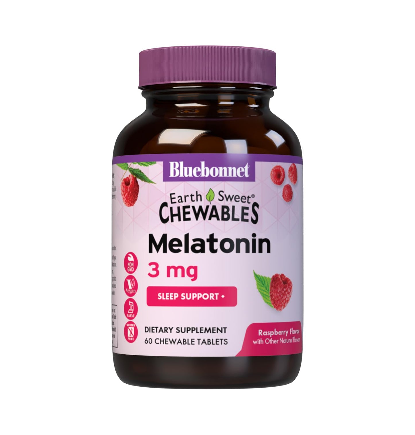 Bluebonnet EarthSweet Melatonin 3 mg Chewables – Fast-Acting Sleep Aid, Gluten-Free & Vegan, Raspberry (60 Count)