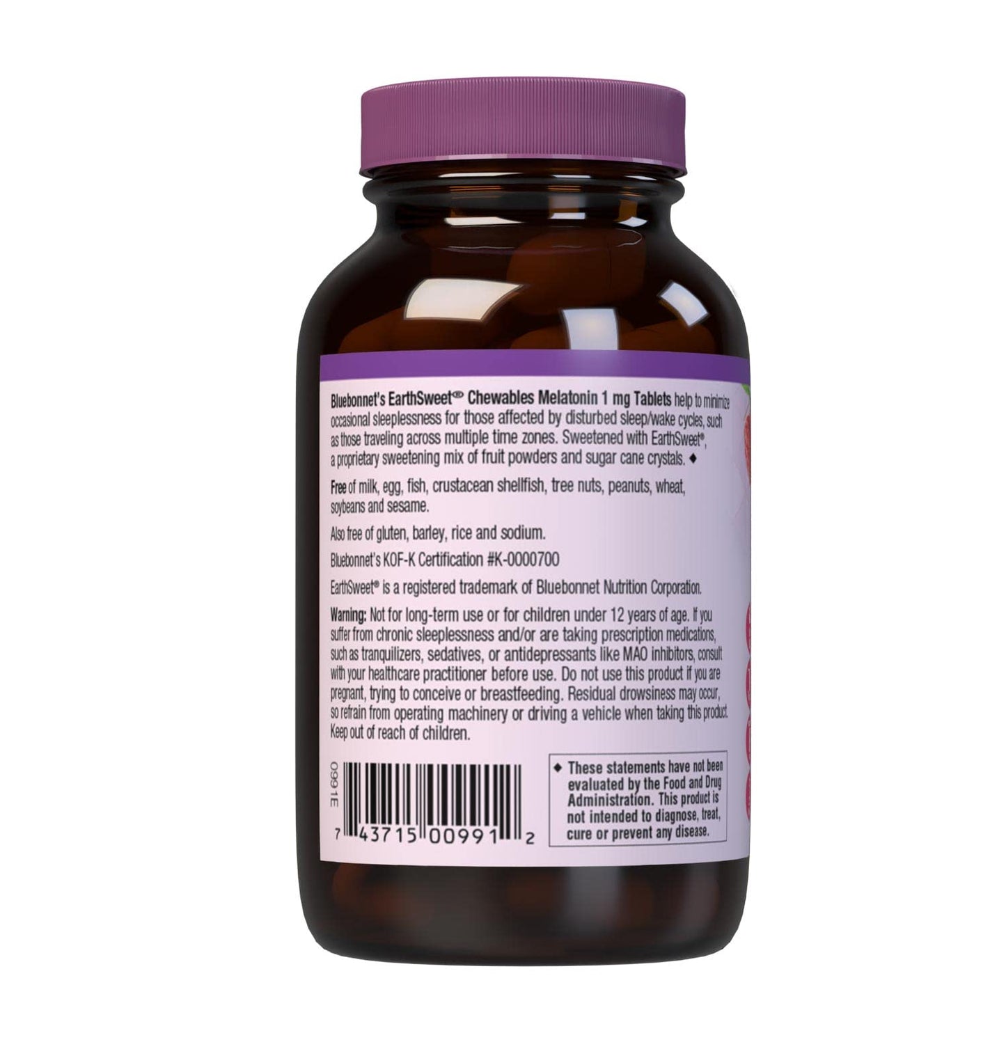 Bluebonnet EarthSweet Melatonin 1 mg Fast-Acting Chewables – Raspberry Flavor | Gluten-Free & Vegan