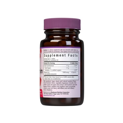 Bluebonnet EarthSweet Methylcobalamin 1,000 mcg - Active B12 (Vegan, Raspberry) - 60 Chewable Tablets