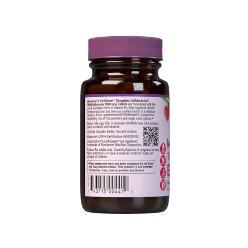 Bluebonnet EarthSweet Methylcobalamin 1,000 mcg - Active B12 (Vegan, Raspberry) - 60 Chewable Tablets