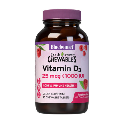 Bluebonnet EarthSweet Vitamin D3 1000 IU Raspberry Chewable Tablets | Bone & Immune Support (90 count) - Soy-Free, Gluten-Free, Non-GMO