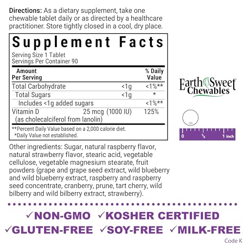 Bluebonnet EarthSweet Vitamin D3 1000 IU Raspberry Chewable Tablets | Bone & Immune Support (90 count) - Soy-Free, Gluten-Free, Non-GMO