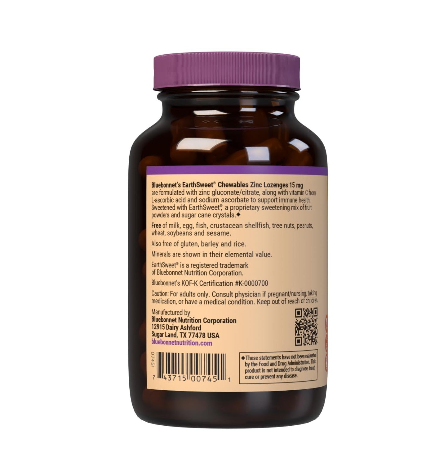 Bluebonnet EarthSweet Zinc Lozenges 15 mg + 100 mg Vitamin C – Orange Flavor, 60 Lozenges
