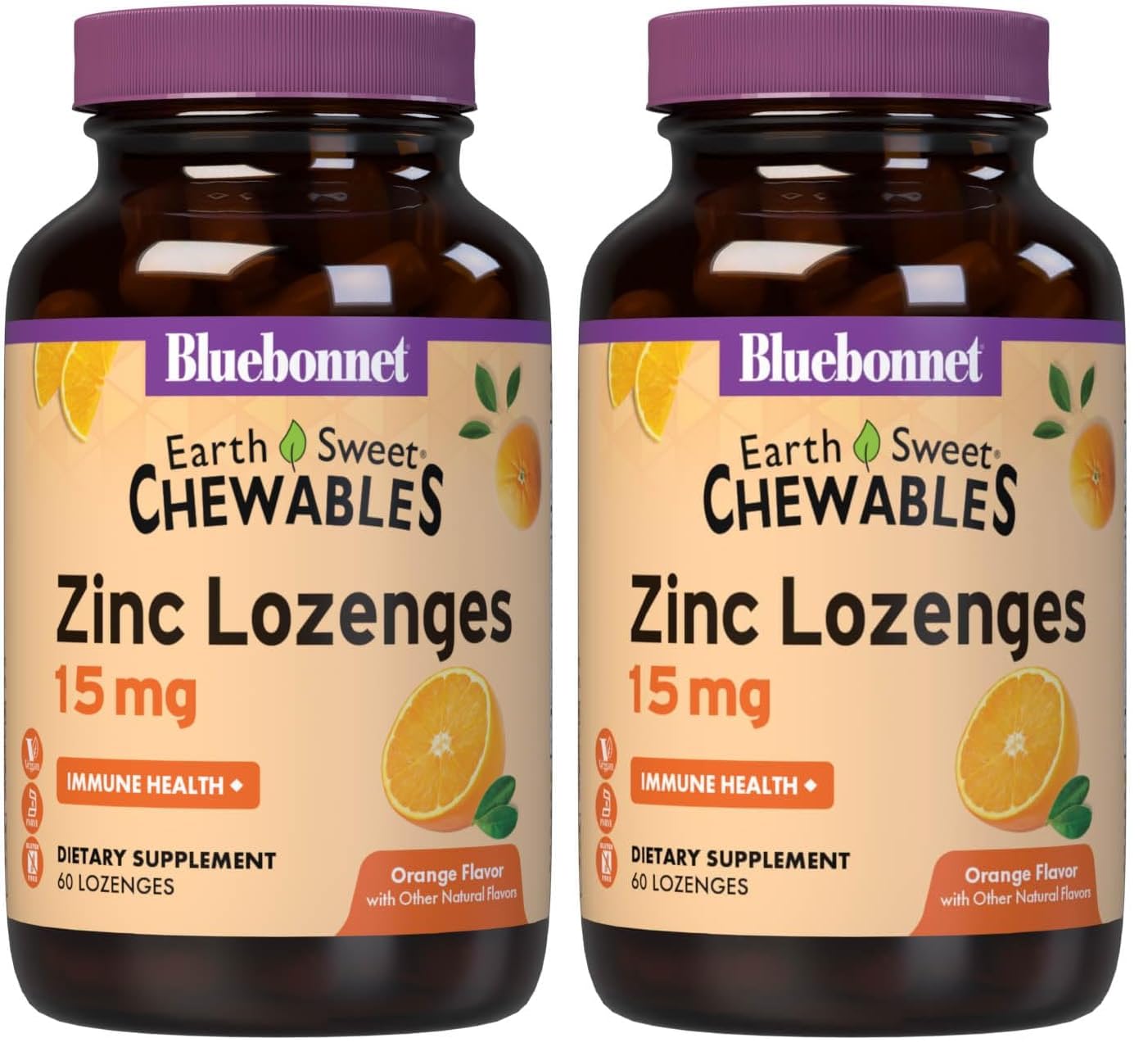 Bluebonnet Nutrition EarthSweet Zinc Lozenges 15 mg + Vitamin C 100 mg – Orange Flavor, Vegan, Gluten-Free | Pack of 2