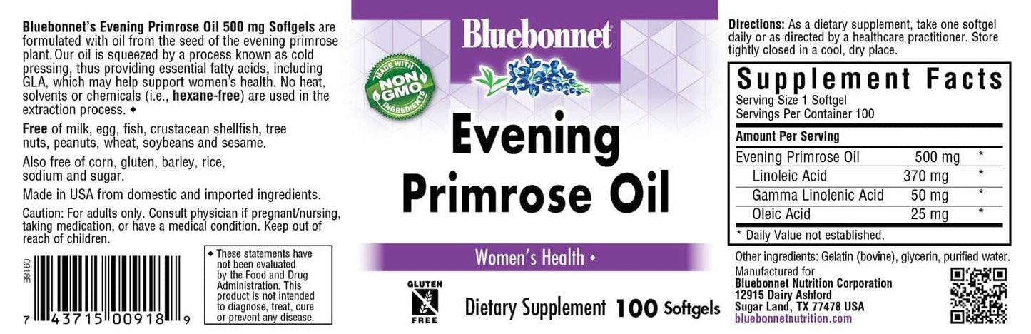 BlueBonnet Evening Primrose Oil Softgels 500 mg – 100 Softgels | Cold-Pressed, Hexane-Free