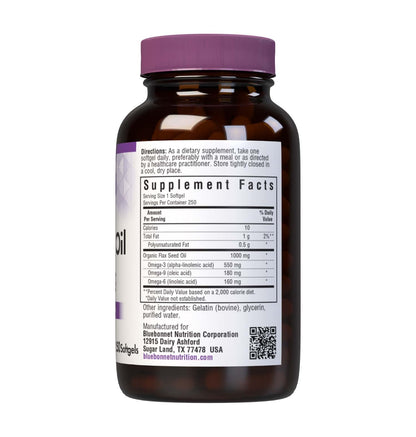 BlueBonnet Flax Seed Oil 1000 mg - Omega 3 6 9 - Cold-Pressed Organic, 250 Softgels