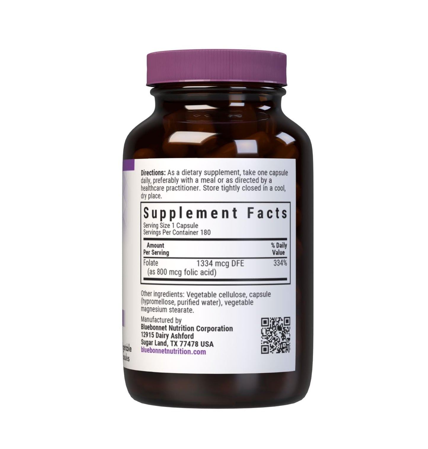 BlueBonnet Folic Acid 800mcg - 180 Veg Capsules (Non-GMO, Vegan, Kosher)