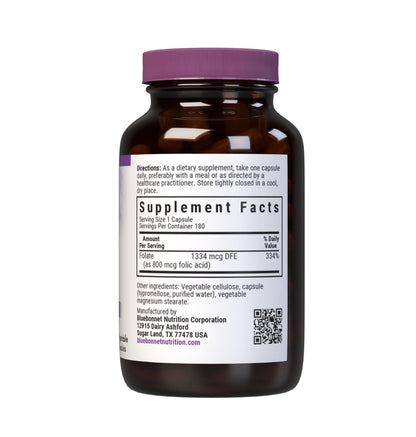 BlueBonnet Folic Acid 800mcg - 180 Veg Capsules (Non-GMO, Vegan, Kosher)