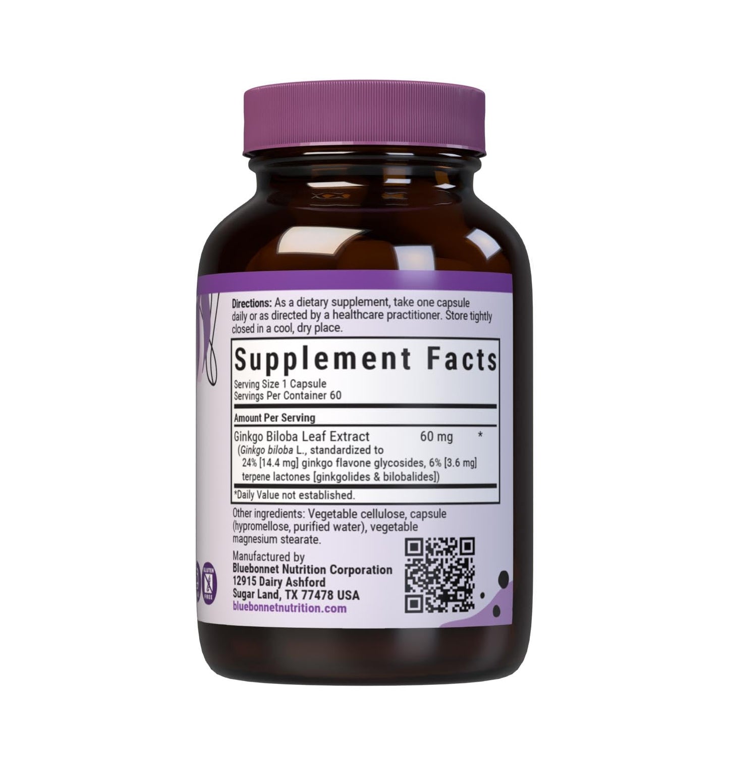 BlueBonnet Ginkgo Biloba Leaf Extract Supplement – 60 Count | 24% Flavonglycosides, 6% Terpene Lactones | Vegan