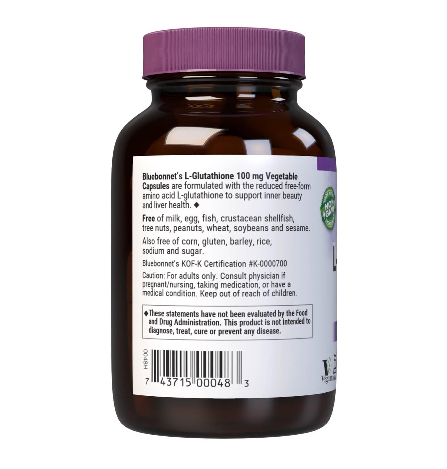 Bluebonnet L-Glutathione 100 mg – Free-Form, Vegan, Soy & Gluten Free (30 Veg Capsules)