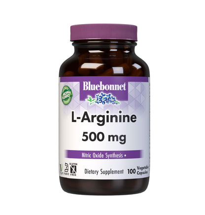 Bluebonnet L-Arginine 500 mg – Free-Form, Nitric Oxide Precursor, Vegan & Gluten-Free | 100 Capsules