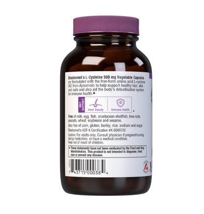 Bluebonnet L-Cysteine 500mg – Free-Form Amino Acid | Vegan & Kosher, Non-GMO | 60 Veg Capsules