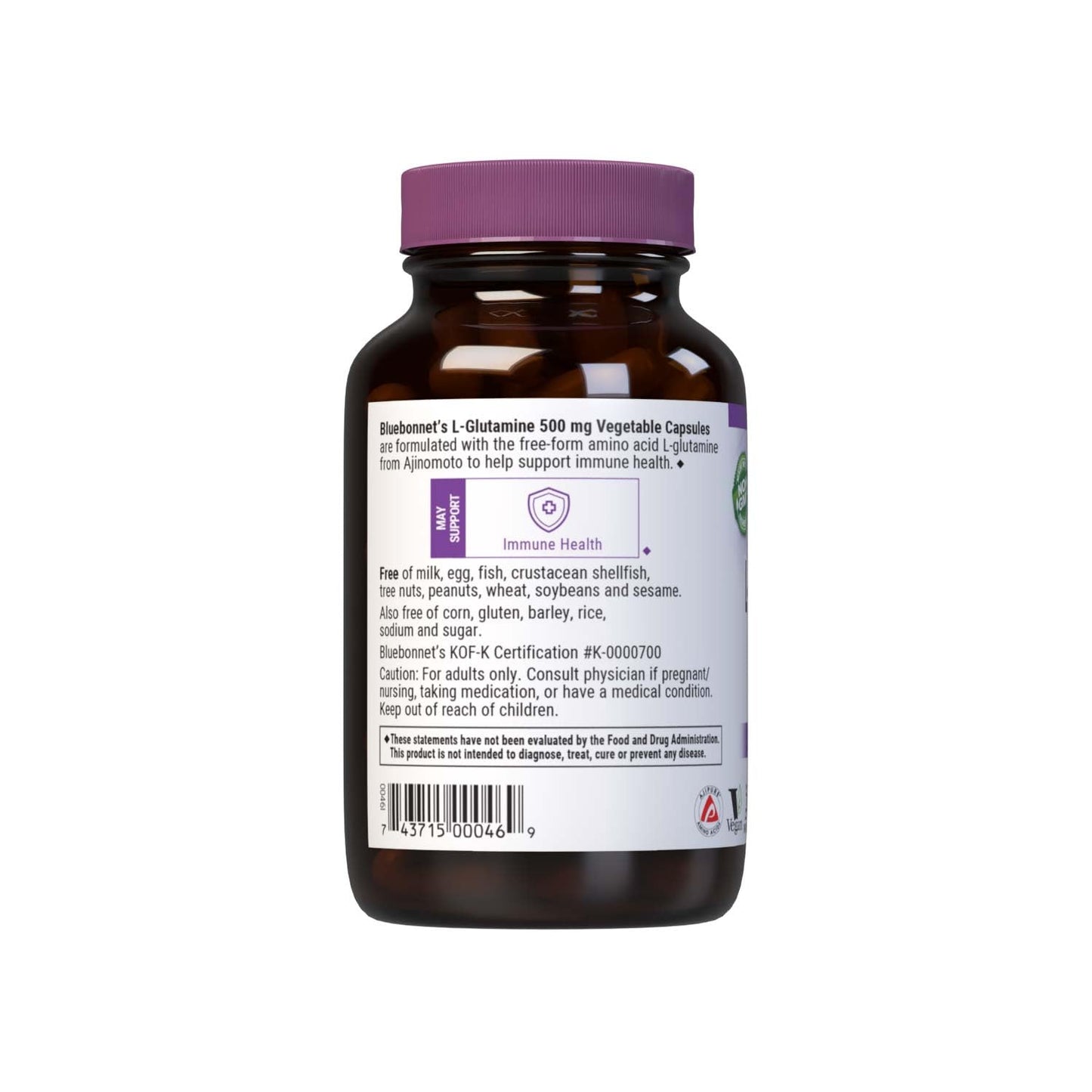 Bluebonnet L-Glutamine 500 mg Veg Capsules – 100 Servings, Vegan, Kosher, Non-GMO, Soy-Free, Gluten-Free