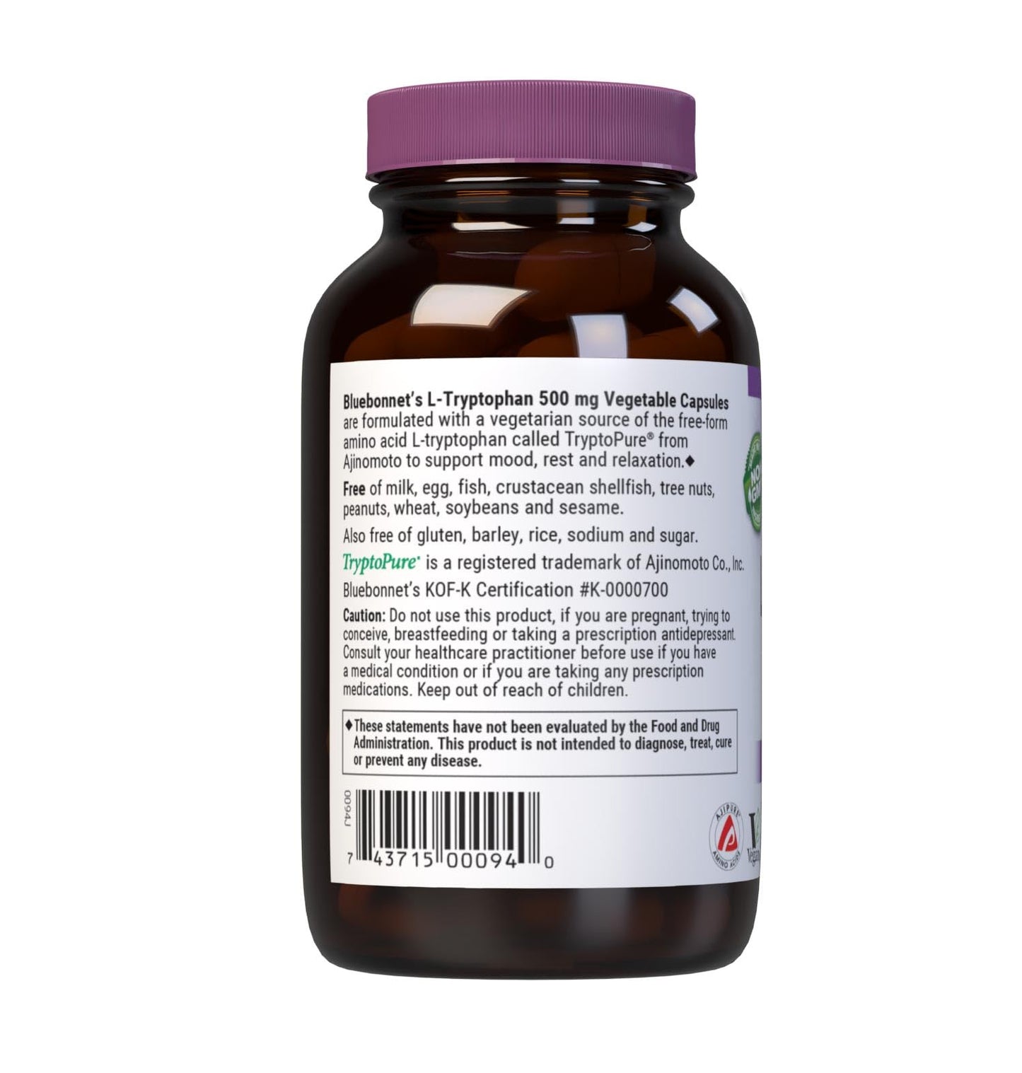Bluebonnet Nutrition L-Tryptophan 500 mg Veg Capsules – Mood & Sleep Support, 60 Servings, Non-GMO, Vegan, Gluten-Free, Soy-Free