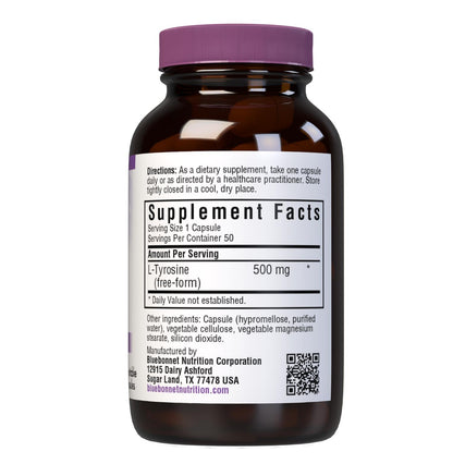 Bluebonnet L-Tyrosine 500 mg – 50 Count Capsules | Stress & Thyroid Support