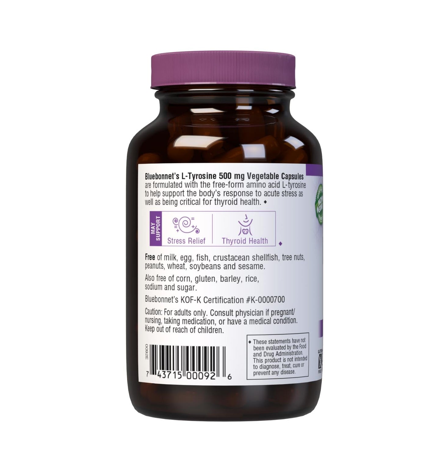 Bluebonnet L-Tyrosine 500 mg Capsules – 100 Count | Stress & Thyroid Support