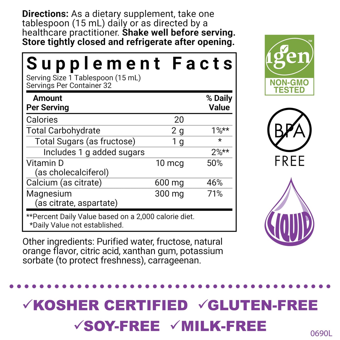 Bluebonnet Liquid Calcium Magnesium Citrate + Vitamin D3 - 16 oz Orange (32 Servings) | Gluten Free, Soy Free, Kosher