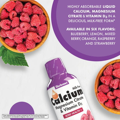 Bluebonnet Nutrition Liquid Calcium Magnesium Citrate with Vitamin D3 - Raspberry Flavor, 16 fl oz | 32 Servings | Gluten Free, Soy Free, Kosher