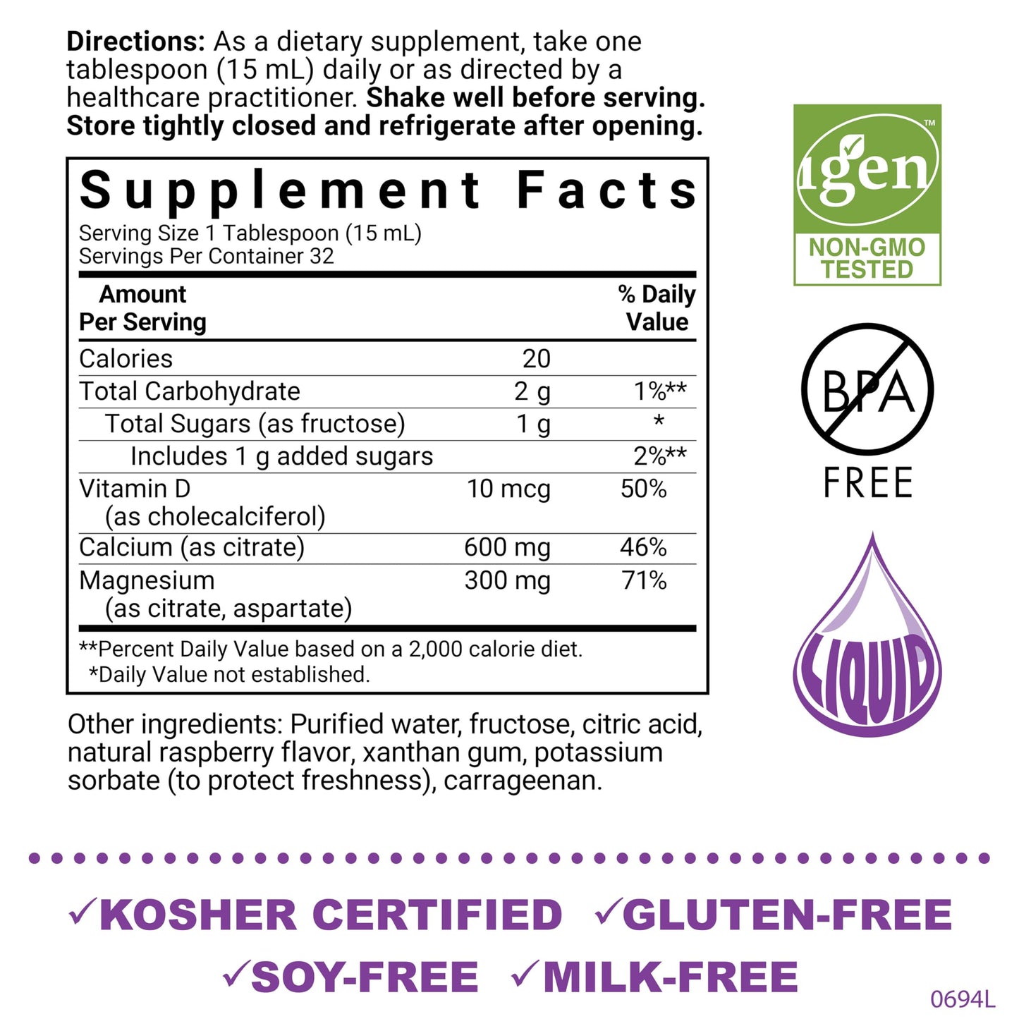 Bluebonnet Nutrition Liquid Calcium Magnesium Citrate with Vitamin D3 - Raspberry Flavor, 16 fl oz | 32 Servings | Gluten Free, Soy Free, Kosher