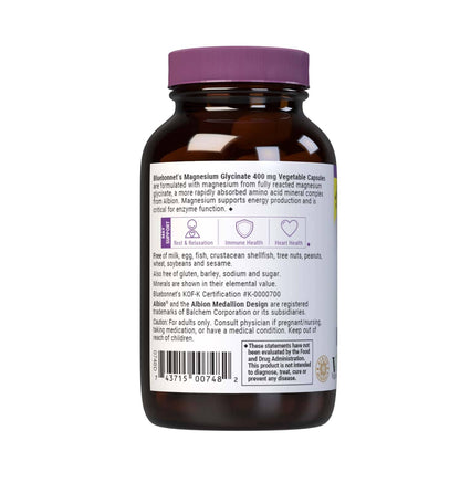 Bluebonnet Magnesium Glycinate 400 mg – 60 Veg Capsules | Non-GMO, Vegan, Kosher, Gluten-Free