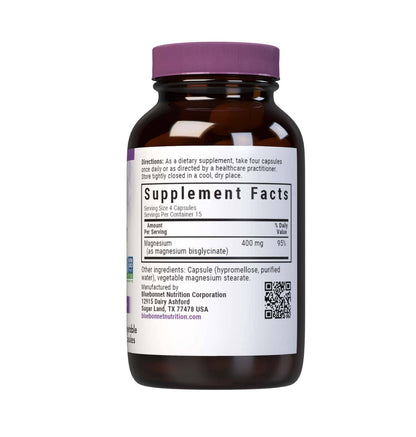 Bluebonnet Magnesium Glycinate 400 mg – 60 Veg Capsules | Non-GMO, Vegan, Kosher, Gluten-Free
