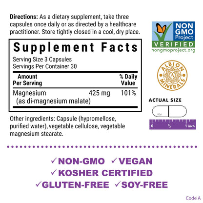 Bluebonnet Nutrition Magnesium Malate Vegetable Capsules - Supports Energy, Muscle & Joint Health - Non-GMO, Vegan, Kosher Certified, Gluten-Free, 90 Count
