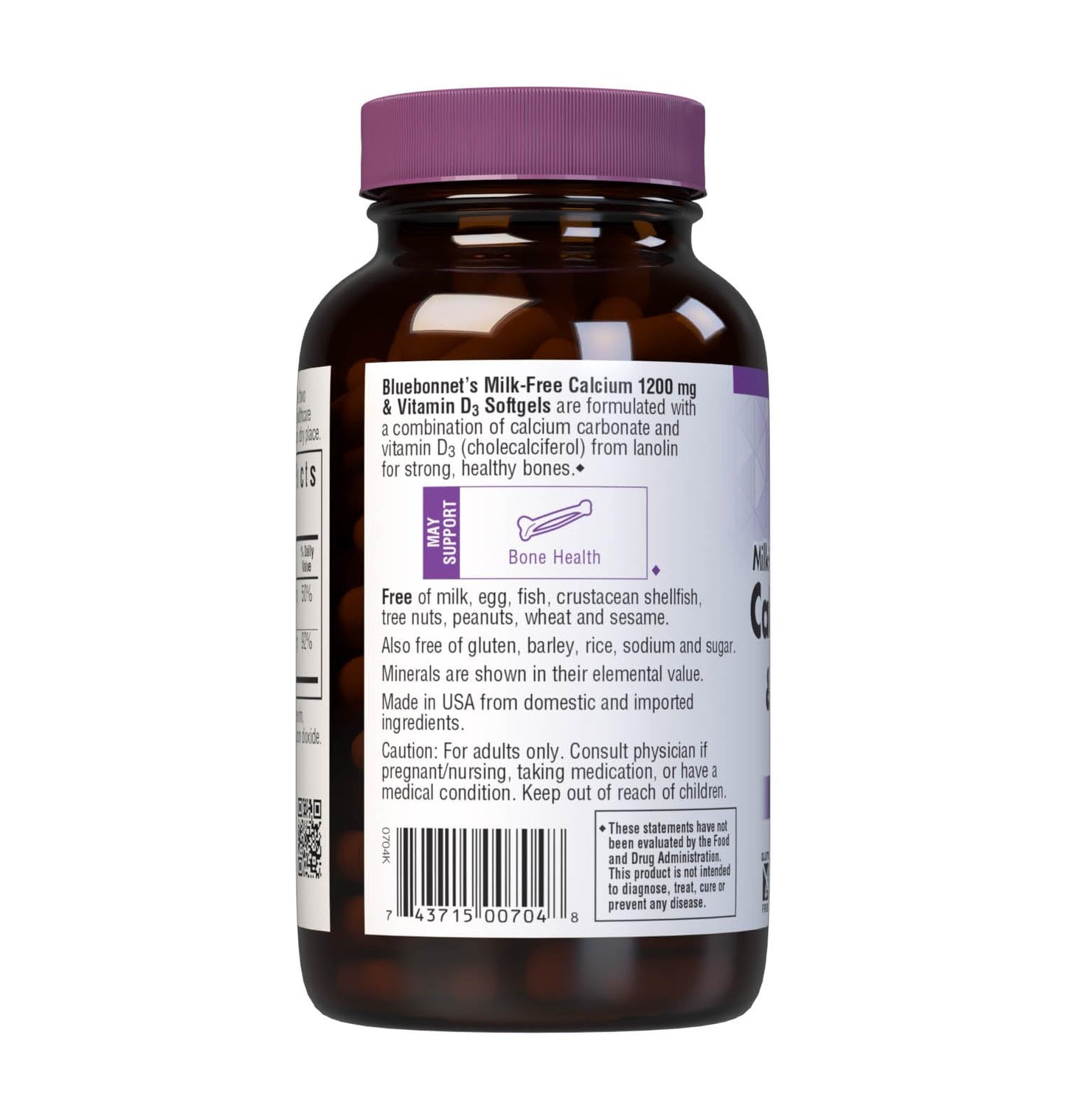 Bluebonnet Milk-Free Calcium 1200 mg + Vitamin D3 400 IU – High Potency Softgels, 120 Count