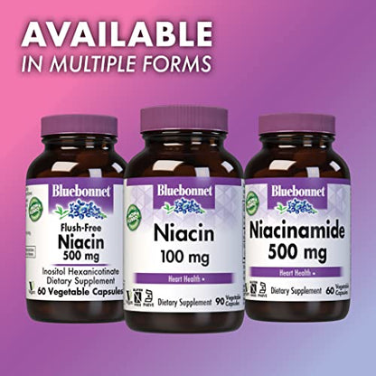 Bluebonnet Niacin 100mg Vitamin B3 Nicotinic Acid - Heart Health Support for Women & Men* - Non-GMO, Vegan, Kosher, Gluten-Free, Soy-Free, Dairy-Free Flush Niacin Supplement - 90 Vegetable Capsules