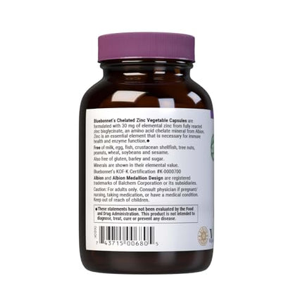 Bluebonnet Albion Chelated Zinc 30 mg – Immune Support & Enzyme Function | 90 Veg Capsules