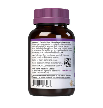 Bluebonnet Chelated Iron 18 mg - Non-Constipating, Vegan, Kosher, Gluten-Free | Pack of 2 (180 capsules)