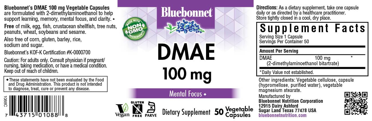 Bluebonnet Nutrition DMAE 100 mg Vegetable Capsules - 50 Count