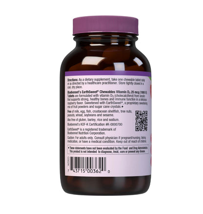 Bluebonnet Nutrition EarthSweet Vitamin D3 1000IU | Bone & Immune Support - Raspberry Chewable (Pack of 2)