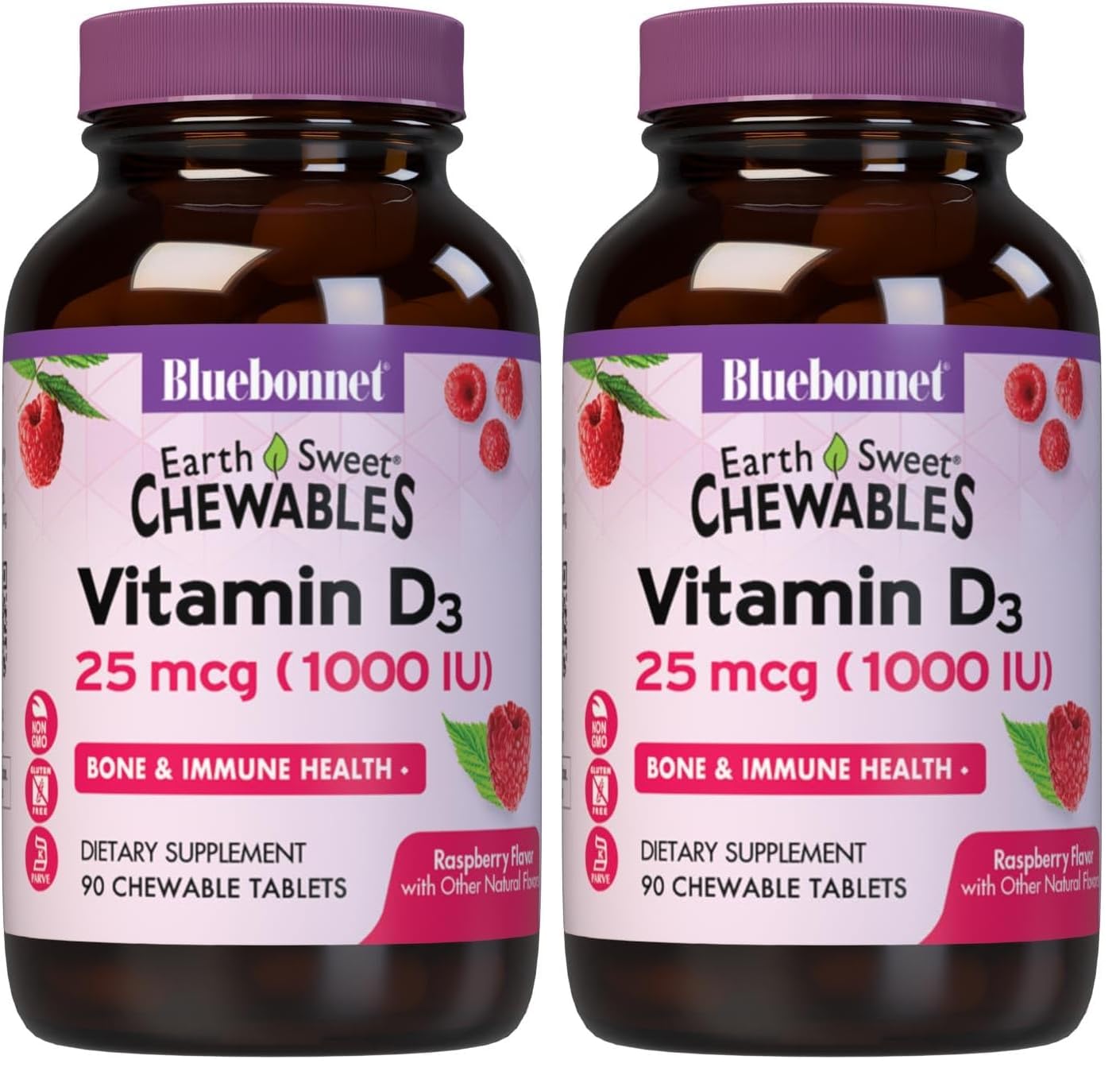 Bluebonnet Nutrition EarthSweet Vitamin D3 1000IU | Bone & Immune Support - Raspberry Chewable (Pack of 2)