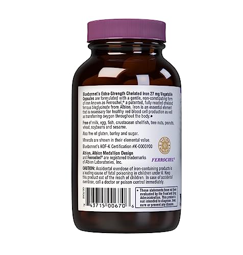 Bluebonnet Albion Extra-Strength Chelated Iron 27 mg – 90 Veg Capsules | Soy-Free, Gluten-Free, Non-GMO, Kosher, Dairy-Free, Vegan