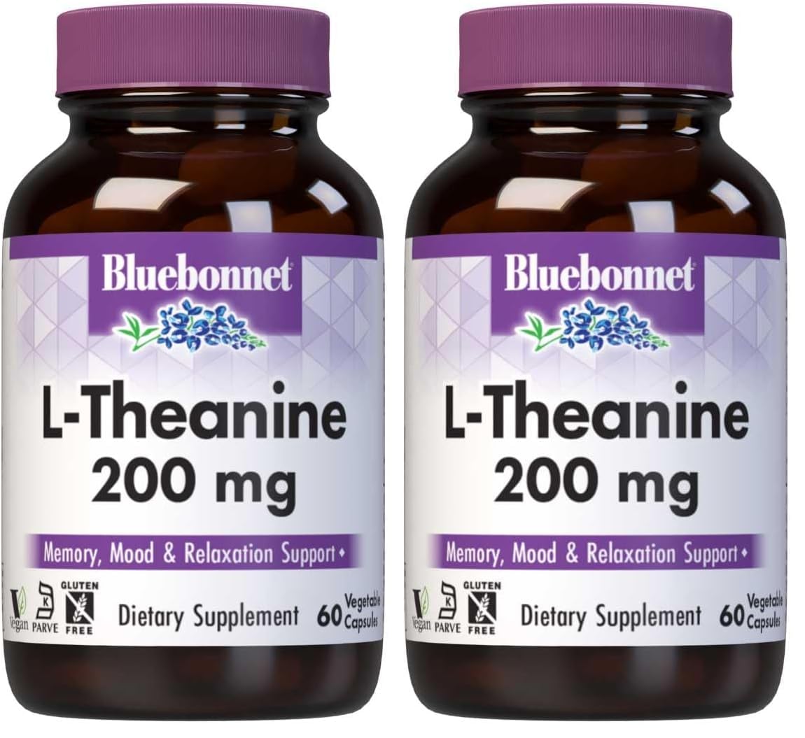 BlueBonnet L-Theanine 200mg – Free-Form Amino Acid, 60 Veg Capsules (Pack of 2)