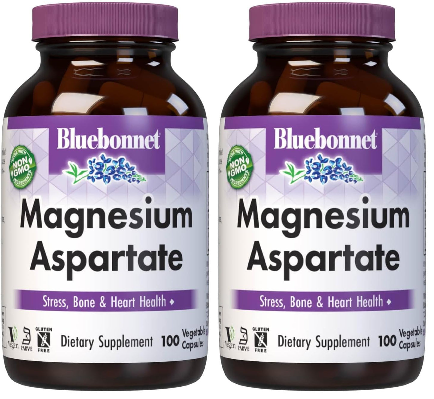 Bluebonnet Nutrition Magnesium 400 mg Chelated Magnesium Aspartate Daily Mineral — Heart & Bone Support, Vegan & Non-GMO | 100 Veg Capsules (Pack of 2)
