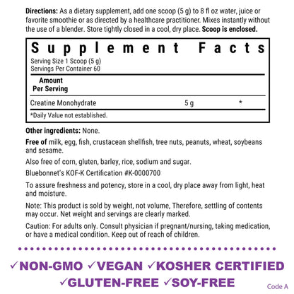 BlueBonnet Nutrition Micronized Creatine Monohydrate 5 g – Lean Muscle Support, Non-GMO, Vegan, Kosher, Gluten-Free, Soy/Milk-Free – Unflavored, 10.58 oz (60 Servings)