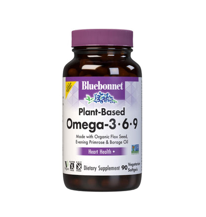 Bluebonnet Nutrition Plant Based Omega 3-6-9-1000 mg – for Heart Health* – Highly Absorbable Cold Pressed Oil – Non-GMO Project Verified, Vegan – Free of Gluten, Soy & Milk - 90 Softgels, 90 Serving