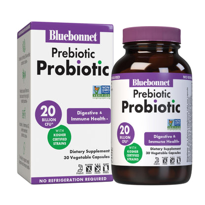 Bluebonnet Nutrition Prebiotic Probiotic 20 Billion CFU – Shelf-Stable, 5 Kosher Strains | 30 Veg Capsules