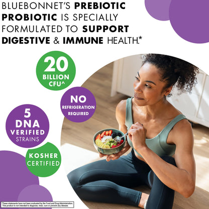 Bluebonnet Nutrition Prebiotic Probiotic 20 Billion CFU – Shelf-Stable, 5 Kosher Strains | 30 Veg Capsules