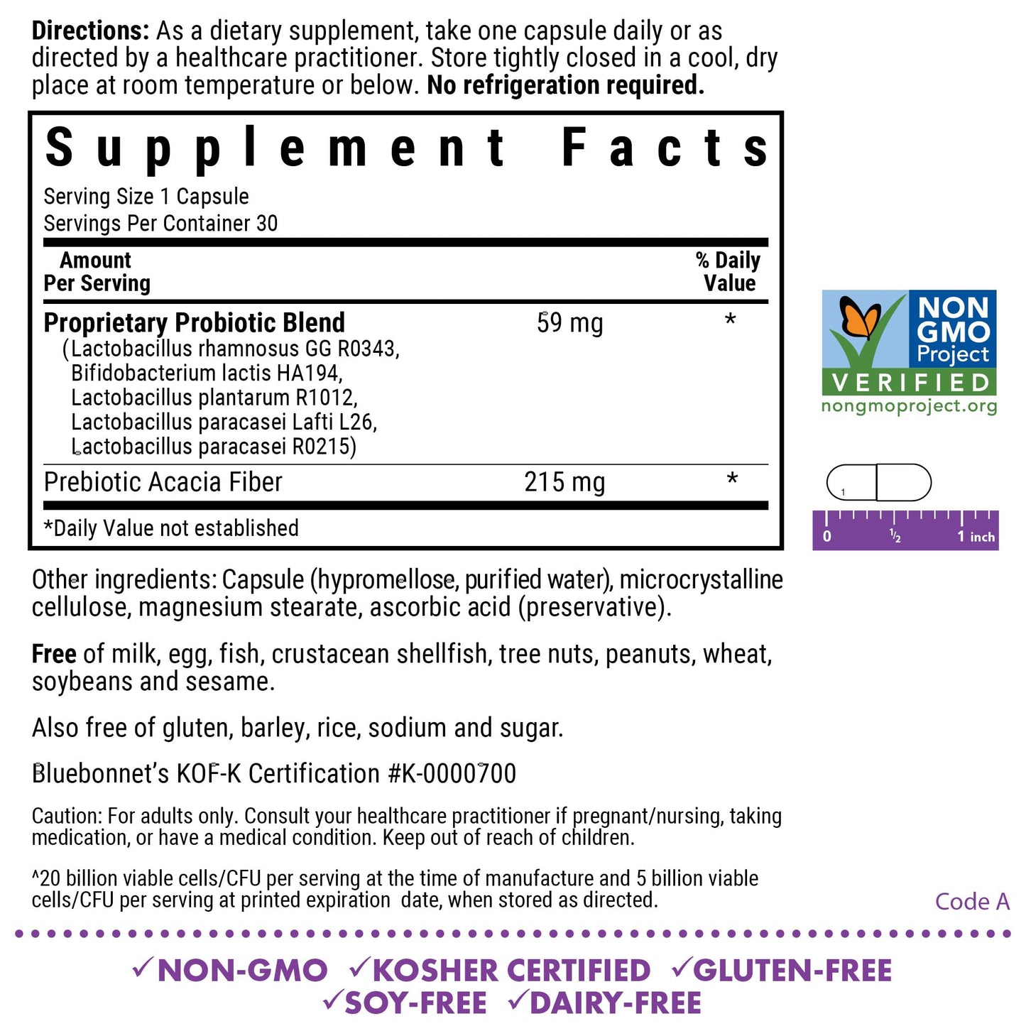 Bluebonnet Nutrition Prebiotic Probiotic 20 Billion CFU – Shelf-Stable, 5 Kosher Strains | 30 Veg Capsules