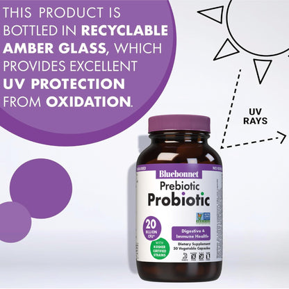 Bluebonnet Nutrition Prebiotic Probiotic 20 Billion CFU – Shelf-Stable, 5 Kosher Strains | 30 Veg Capsules