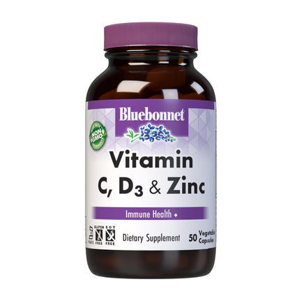 BlueBonnet Nutrition Vitamin C, D3 & Zinc – Immune Health* | Non-GMO, Kosher, Gluten-Free, Soy-Free, Dairy-Free | 50 Vegetable Capsules, 50 Servings